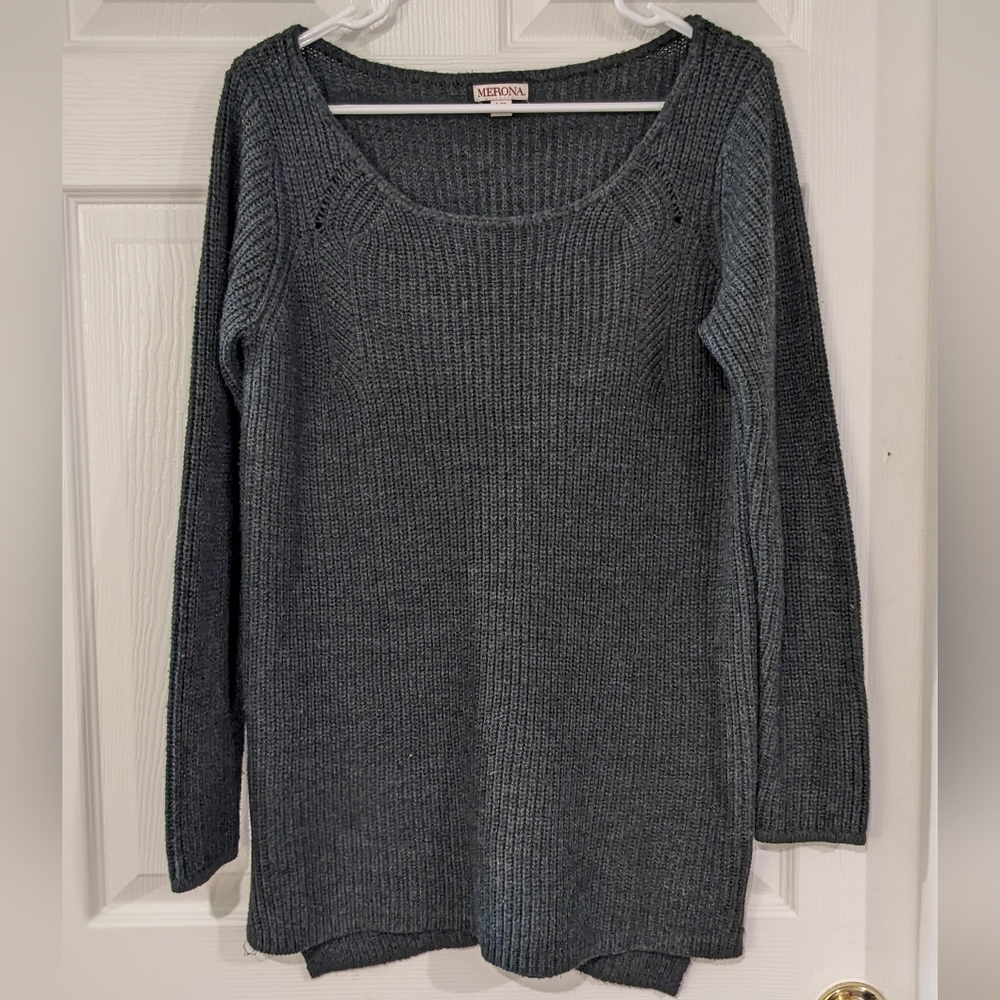 Merona Boat Neck Long Grey Knit Sweater - Size Large